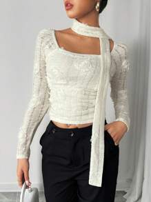 Chiquease Elegante top a collo alto bianco a maniche lunghe con decorazioni floreali 3D per donna, vestibilità slim, adatto per primavera e autunno - Albicocca - Visualizzare 1