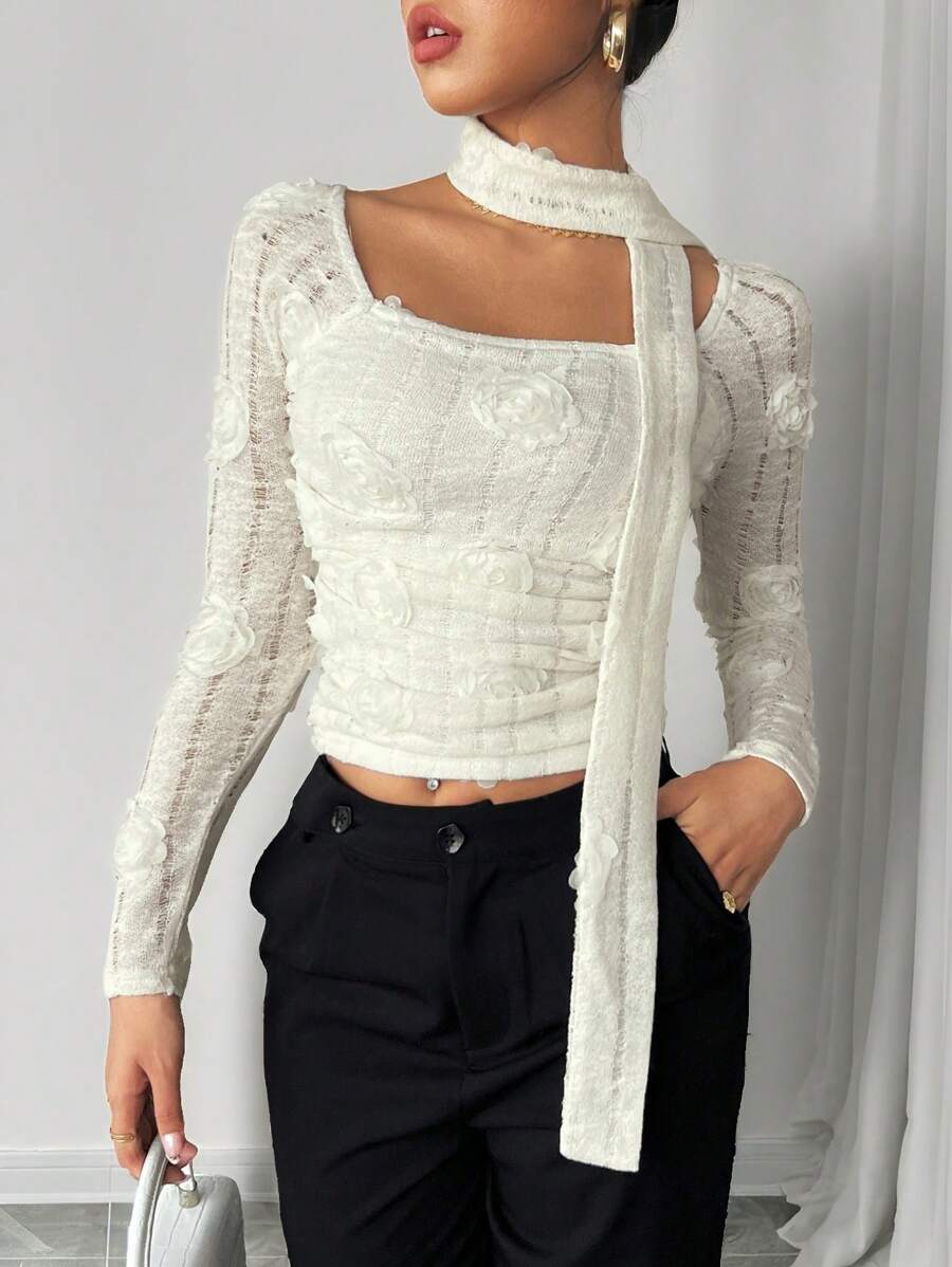 Chiquease Elegante top a collo alto bianco a maniche lunghe con decorazioni floreali 3D per donna, vestibilità slim, adatto per primavera e autunno - Albicocca - Visualizzare 1