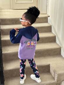 2pcs/Set Little Girls Solid Color Patchwork Long Sleeve Letter Print Graphic Hoodie And Pants Casual Outfit