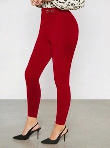 BizChic Quần legging co giãn màu trơn có chi tiết xích, đồng phục làm việc - Đỏ - Xem 5
