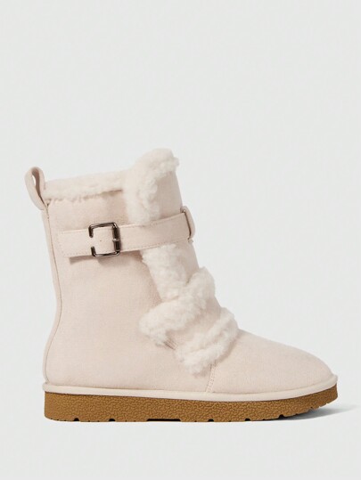 Kawaii Women Comfortable & Stylish Buckle Closure Thickened Furry Trim Snow Boots