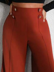 Flirla Pantalones de pierna ancha de oficina elegantes de doble botonadura de unicolor talla grande - Óxido marrón - Ver 7