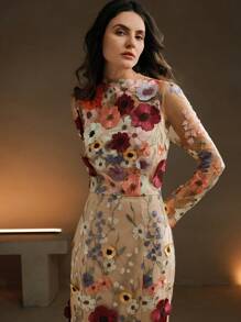 Anewsta 女士优雅网眼花朵刺绣长裙，秋季长款女装 - 杏色 - 查看 6