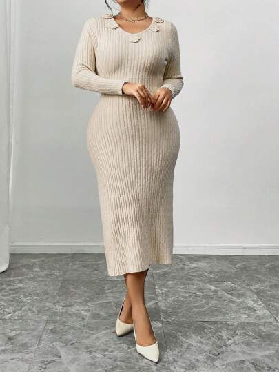 SHEIN Frenchy Elegant Minimalist Fashion 3D Floral Decor V-Neck Solid Color Maxi Knit Dress, Suitable For Office, Commute, Party, Gathering, Date And Other Occasions, Autumn/Winter