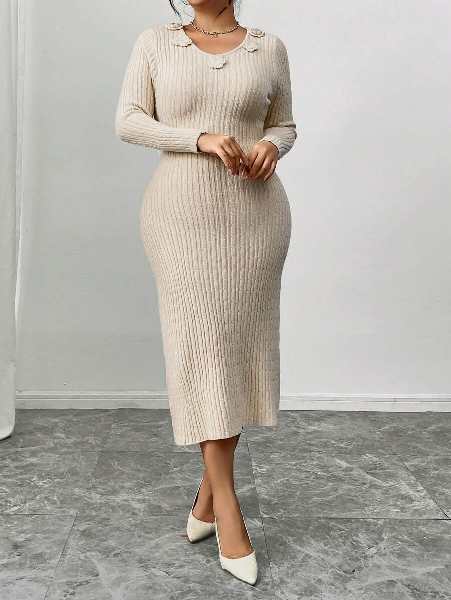 SHEIN Frenchy Đầm Maxi Dệt Kim Cổ Chữ V Màu Trơn Thời Trang Tối Giản Thanh Lịch Họa Tiết Hoa 3D, Thích Hợp Mặc Đi Làm, Đi Làm, Tiệc Tùng, Tụ Tập, Hẹn Hò Và Những Dịp Khác, Thu/Đông - Màu be - Xem 1