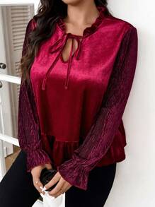 SHEIN Frenchy Plus Size Casual Solid Burgundy Loose Fit V-Neck Ruffle Hem Tie Front Velvet Blouse, Suitable For Parties, Gatherings, Dates, Autumn/Winter - Burgundy - View 3
