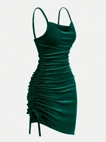 SHEIN Girlism 少女纯色天鹅绒圆领褶皱腰身紧身晚间节日鸡尾酒会连衣裙