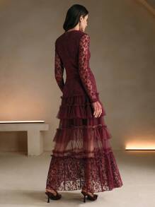 Anewsta Women's Black V-Neck Lace Long Cocktail Dress For Party Events Burgundy Maxi Women Outfit