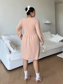 Flirla Vestido de Suéter Acampanado con Cuello en V Elegante de unicolor Talla Grande, Otoño/Invierno