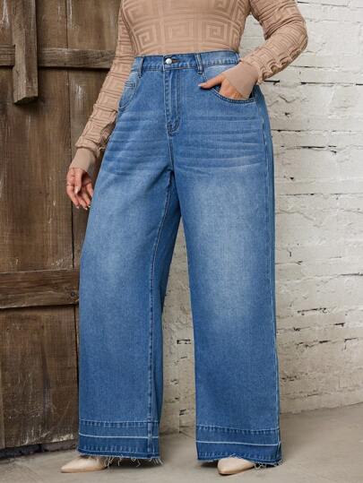 SHEIN LUNE Jeans anchos lavados y deshilachados de talla grande informales