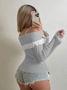 EgrlEra Blusa casual con mangas largas, hombros abiertos y encaje, conjunto de estilo Y2K para mujer