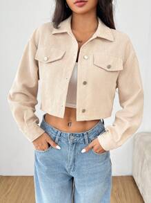 SHEIN PETITE Spring Outfits Drop Shoulder Flap Detail Crop Corduroy Jacket In Fall/Winter - Apricot - View 7