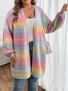 SHEIN VCAY Plus Size Ombre Gradient Long Sleeve Cardigan With Belt - Multicolor - View 3