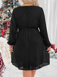 SHEIN CURVE+ Plus Size Elegant Sexy Hollow Out Chiffon Collar Splice Belt Detail Dress Fall Cloth For Women