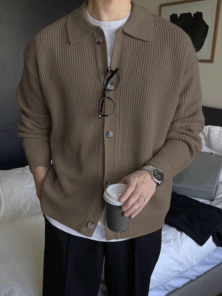 Men's Casual Solid Color Drop Shoulder Loose Fit Turndown Collar Button Front Cardigan Jacket Fall,Winter