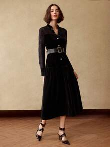 MOTF PREMIUM فستان مع شق في الرقبة والذيل المنتفخ بلا حزام، وإدراج من الدانتيل المخملي