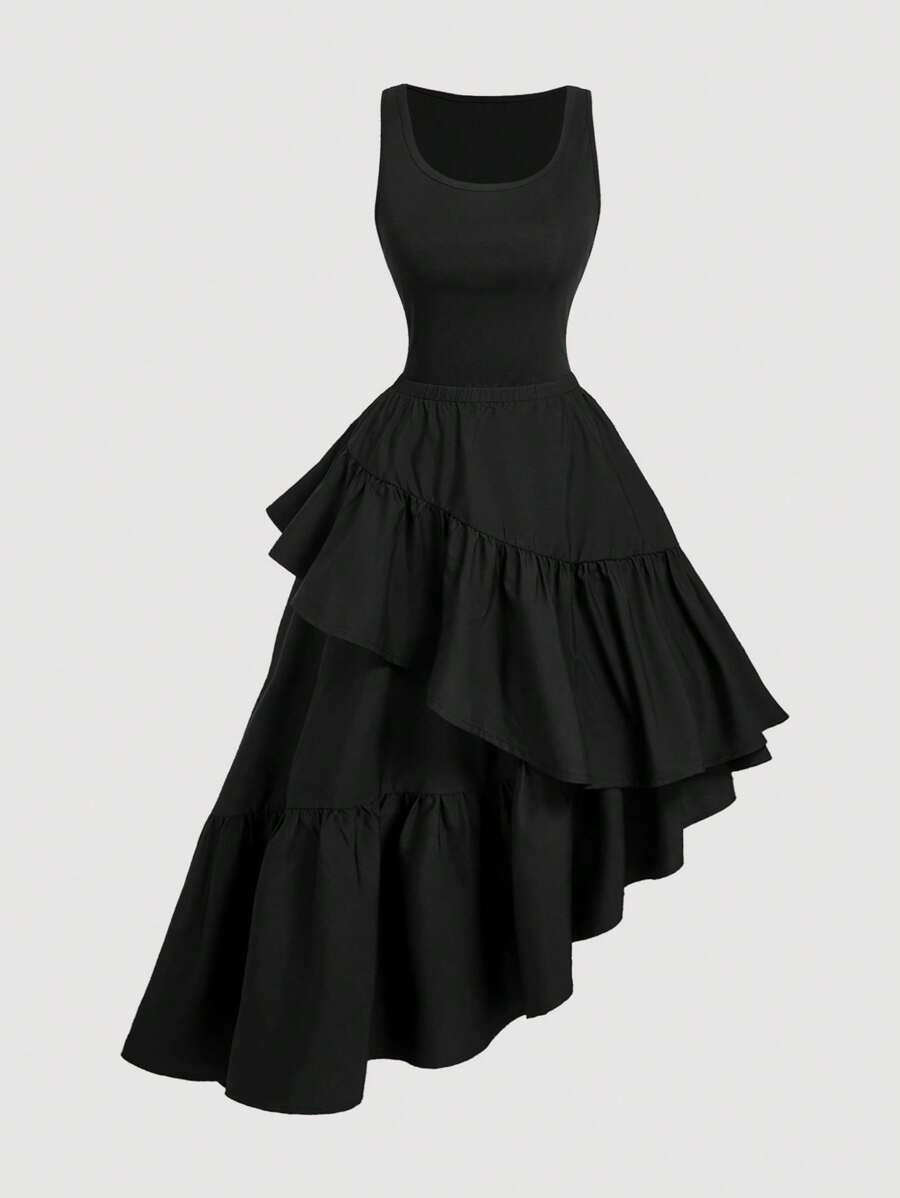 SHEIN MOD Plus Size Women Black Double Layer Detachable Hem Dress For Women,Black Prom Dress,Formal Dress,Fall Women Dresses,Cruise Women Outfits, Dress,Homecoming Dresses,Princess Women Dress,Renaissance Dress,Vintage Dress,Black Elegant Dress - Black - View 1