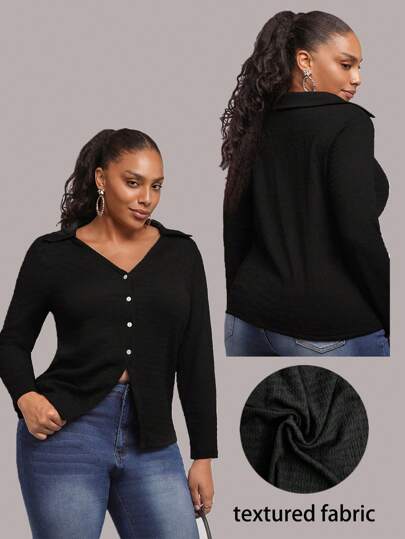 SHEIN Clasi Curvy Plus Size Women's Black Stretch Texture Fabric Solid Color V-Neck Single-Breasted Casual Shirt, Suitable For Autumn And Winter