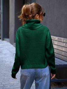 EURMUSE Women Fall Casual Turtle Neck Plain Drop Shoulder Sweater - Green - View 2