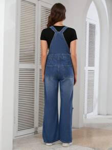 SHEIN Casual Distressed Maternity Denim Bib Overalls - Medium Wash - View 2