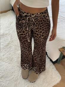 SHEIN EZwear Women's Leopard Print Flared Leg Pants With Tie Waist - Khaki - View 1