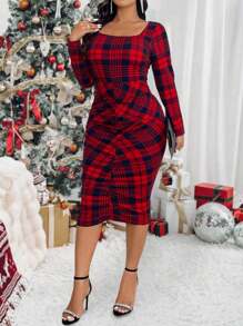 SHEIN Clasi 大码格子褶皱紧身连衣裙，休闲秋冬季长款女装