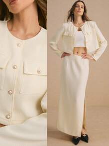 Poéselle Women's Pearl Button Jacket & Slit Long Skirt Elegant Suit Set