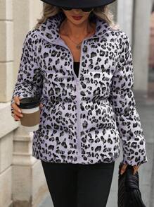 EMERY ROSE Women's Leopard Pattern Front Zipper Long Sleeve Casual Padded Coat - Mauve Purple - View 5