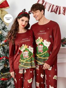 圣诞图案长袖长裤男士睡衣套装 - 酒紅色 - 查看 7