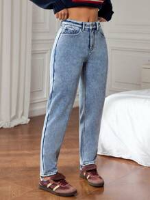 SHEIN Privé 女士休闲洗水斜口袋妈妈牛仔裤，秋冬加厚牛仔布 - 淺色水洗藍 - 查看 8