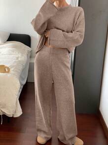 DAZY 2pcs Set Women Minimalist Solid Color Crew Neck Sweater And Long Pants