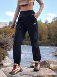 In My Nature 女士纯色前扣口袋字母印花简约休闲户外长裤 - 黑色 - 查看 6