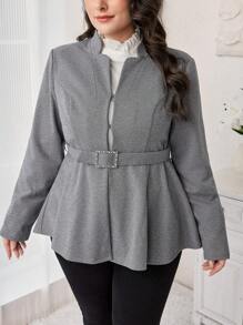 Mulvari 大码女式优雅长袖荷叶边下摆大衣，适合秋冬季 - 淺灰色 - 查看 4