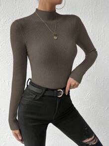 EMERY ROSE 1pc Solid Color Turtleneck Slim Fit Long Sleeve Knit Sweater For Casual And Everyday Wear, Autumn/Winter, Long Sleeve Top Knit Pullover Fall - Mocha Brown - View 4