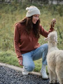 LanaWest 1 件女式休闲圆领长袖流苏套头毛衣