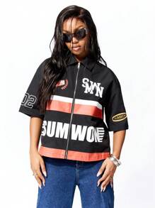 SUMWON WOMEN Punk Boxy Zip Through Graphic Shirt