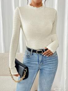 SHEIN Frenchy Women Casual Solid Color Textured Fitted Long Sleeve T-Shirt, Autumn