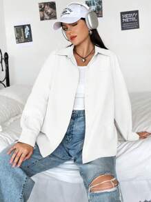 CovetEZ Plus Size Solid Color Front Button Pocket Long Sleeve Casual Shirt - White - View 6