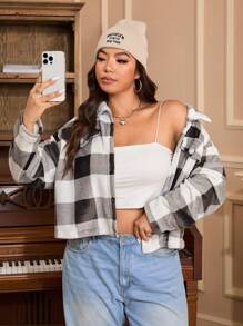 CovetEZ Plus Size Plush Plaid Jacket, Casual Autumn/Winter - Khaki - View 5