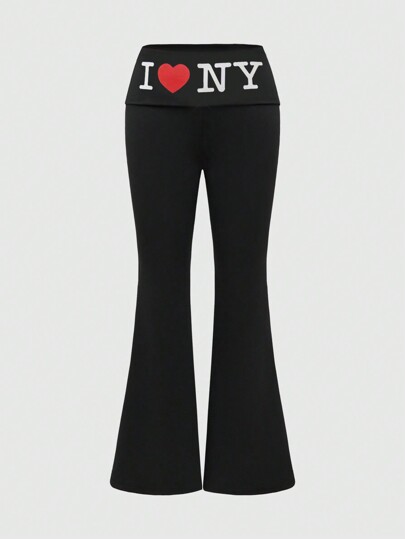 Pantalon pattes d'éléphant pour femmes avec slogan imprimé sur la taille style Y2K