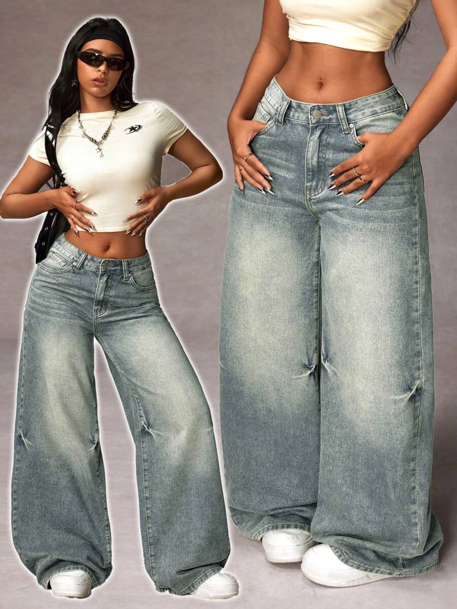 SHEIN ICON 女式前扣口袋简约宽松休闲牛仔裤 - 淺色水洗藍 - 查看 1