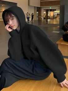 DAZY Women Embroidered Pattern Solid Color Hooded Zip-Up Sweatshirt - Black - View 3