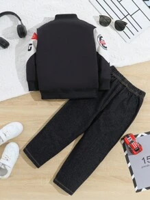 SHEIN 2 件装年轻男孩撞色夹克/外套和牛仔裤时尚套装