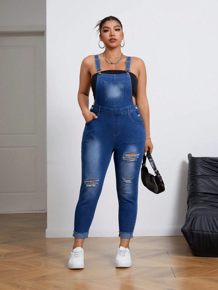 SHEIN LUNE Plus Ripped Roll Up Hem Denim Overalls Without Tank Top