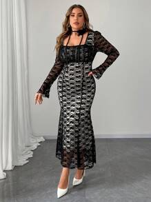 SHEIN Unity Plus Size Square Neck Long Sleeve 3D Floral Fish Tail Dress Fall Cloth For Women - Multicolor - View 6