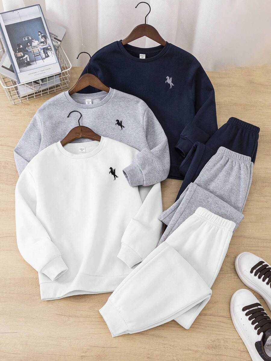 SHEIN Leap Crew 6 件套青少年男孩休闲学院风圆领运动衫和运动裤，适合通勤、上学、日常休闲装、运动、秋冬季 - 黑與白 - 查看 1