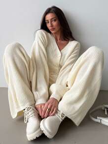Aloruh Completo di tuta da casa composto da cardigan caldo e pantaloni, adatto per autunno/inverno, versatile per uso interno ed esterno. - Bianco - Visualizzare 5