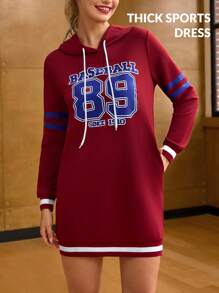 SHEIN Unity Women Letter Print Long Sleeve Drawstring Hooded Sweatshirt Casual Dress For Sports - Burgundy - View 4
