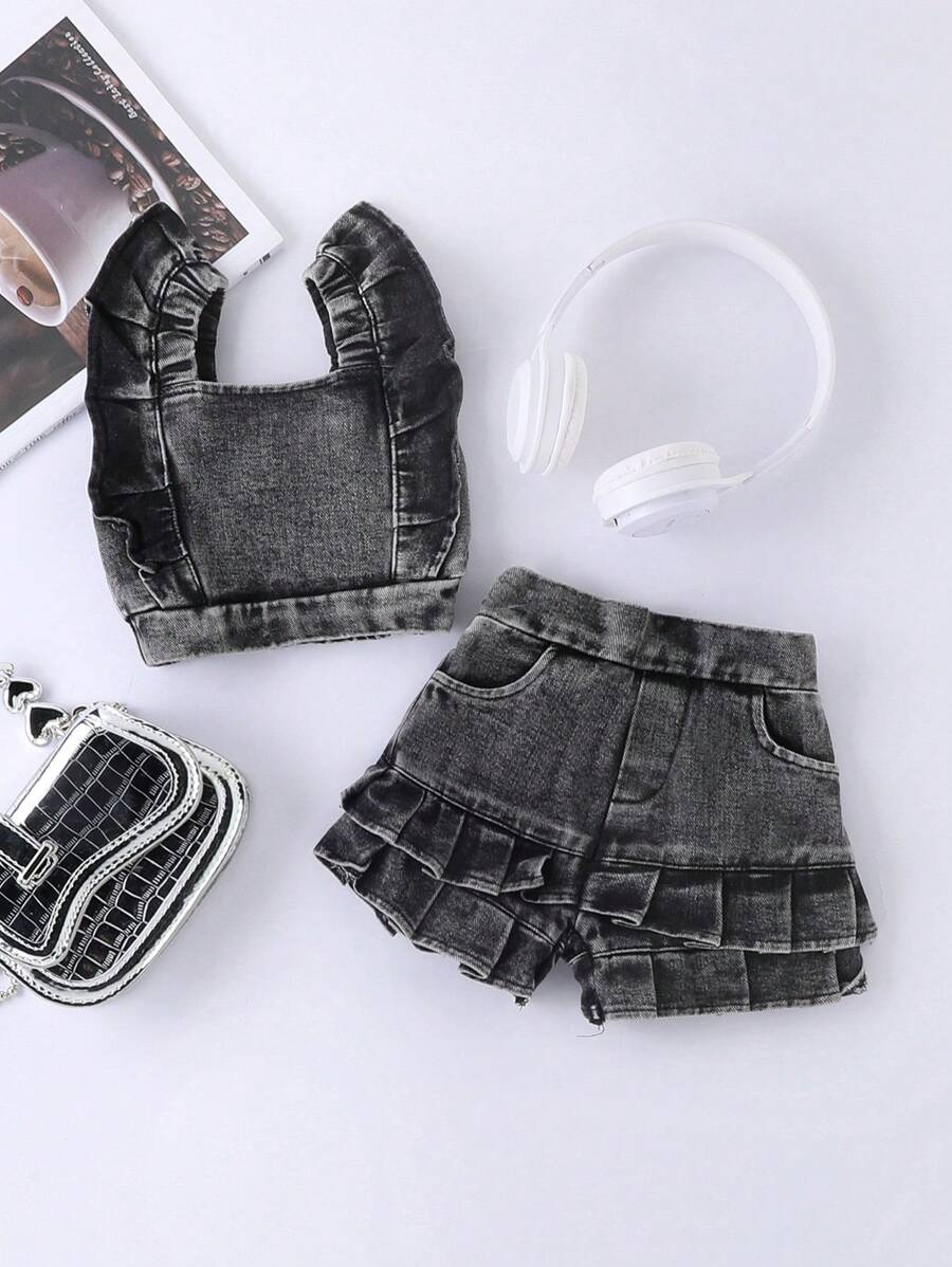 SHEIN Baby Girl Cool Denim Outfit, Summer - Black - View 1