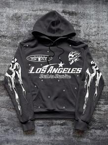 Manfinity EMRG Men's Letter & Skull Print Long Sleeve Drawstring Hoodie Sweatshirt, Autumn - Grey - View 1